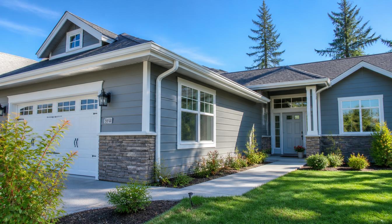 Modern home with clean white gutters and downspouts on a sunny day